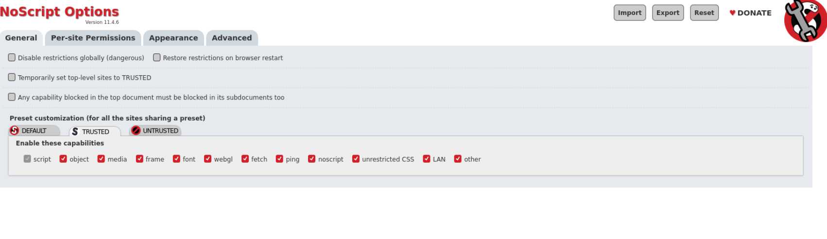 Showing the NoScript interface for blocking, etc