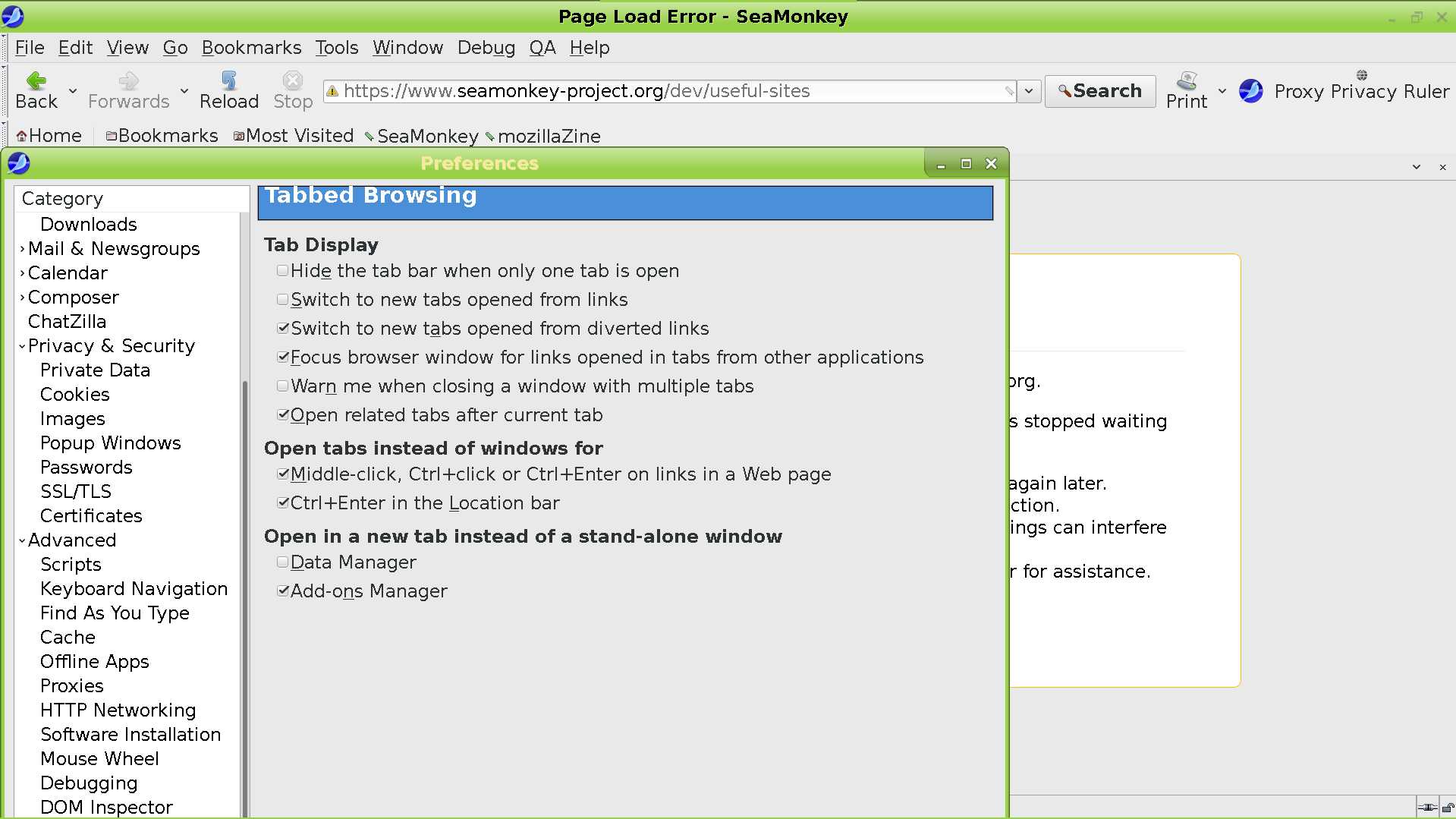 Showing the UI of SeaMonkey, including the Settings menu