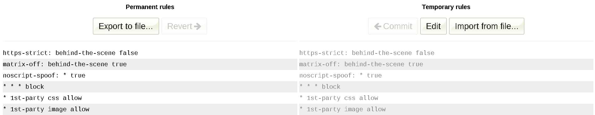 uMatrix grid screen allowing only first-party CSS and images